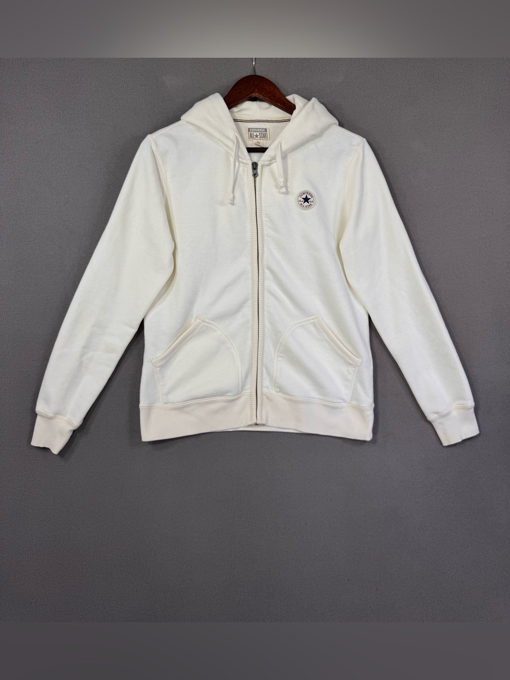 Converse All Stars White Cream Full-Zip Hoodie with Star Emblem, M